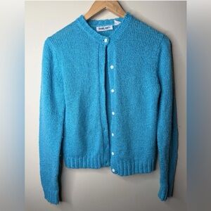 VTG 70s 80s 90s Bright Blue Knit Cardigan Sweater Flower Buttons. Spring Easter